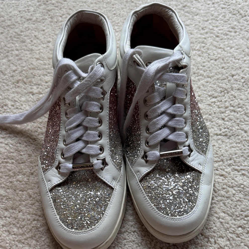 Jimmy Choo Silver and Pink Glitter Sneakers